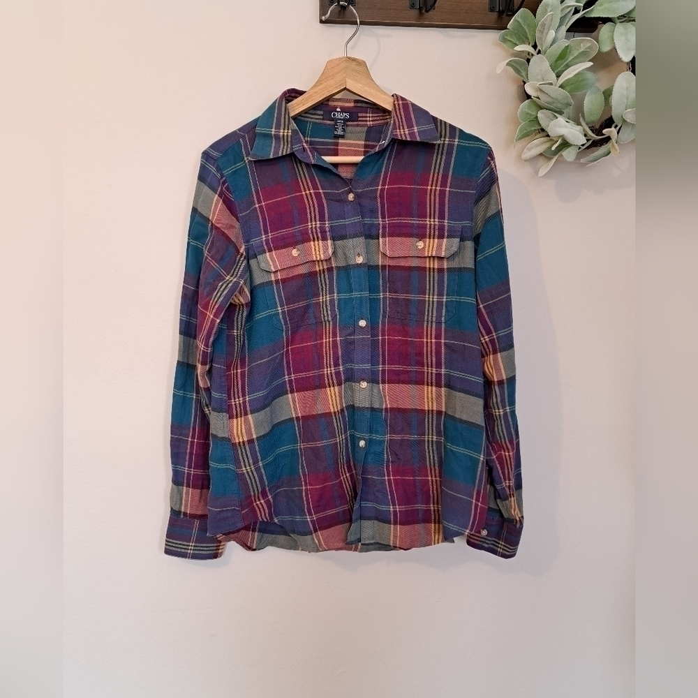 CHAPS Women Colorful Plaid Button Up Shirt Long Sleeve Size Small